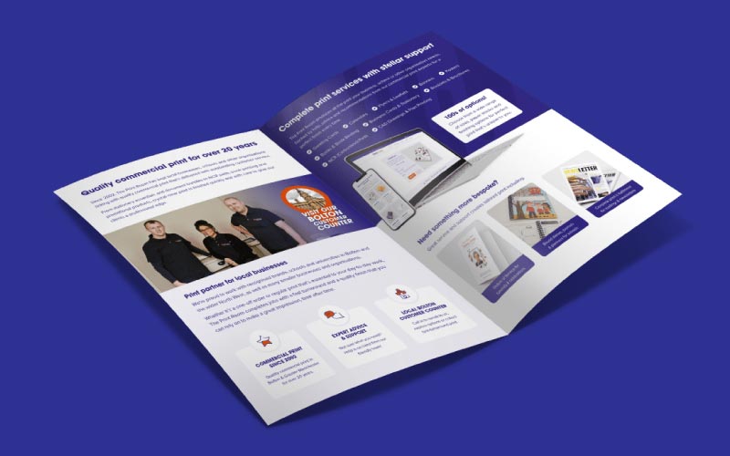 Folded leaflet design and print by Ally Marketing Agency for The Print Room, Bolton